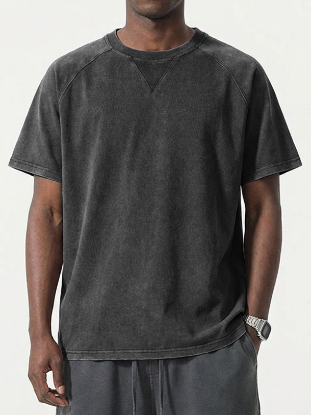 Men's Washed Distressed Triangle Raglan Sleeve Short-Sleeve Crew Neck T-Shirt