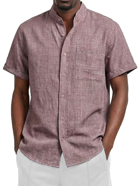 Men's Linen Casual Stand Collar Pocket Short-Sleeve Shirt