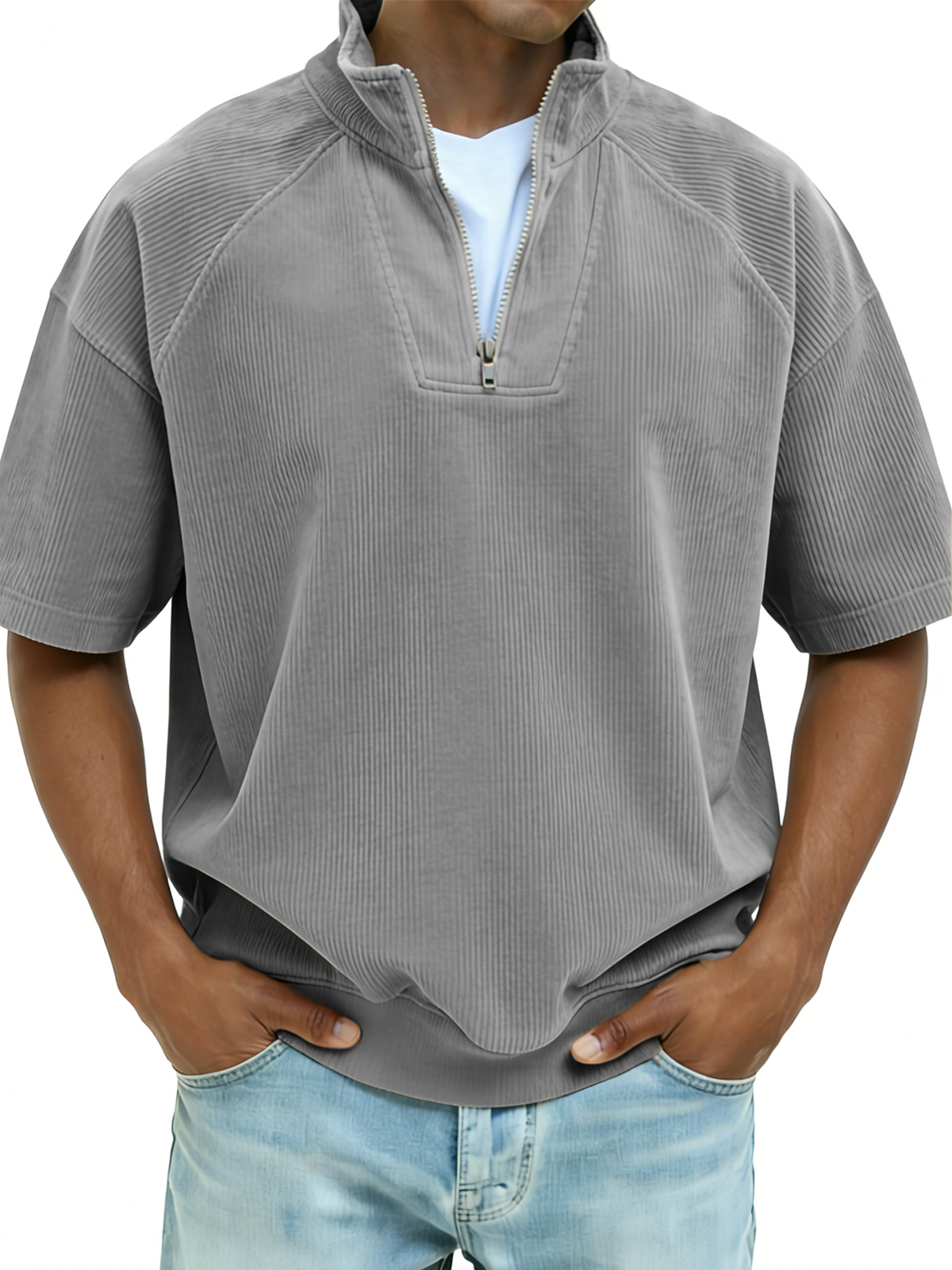 Ribbed Half-zip Patchwork Polo Shirt