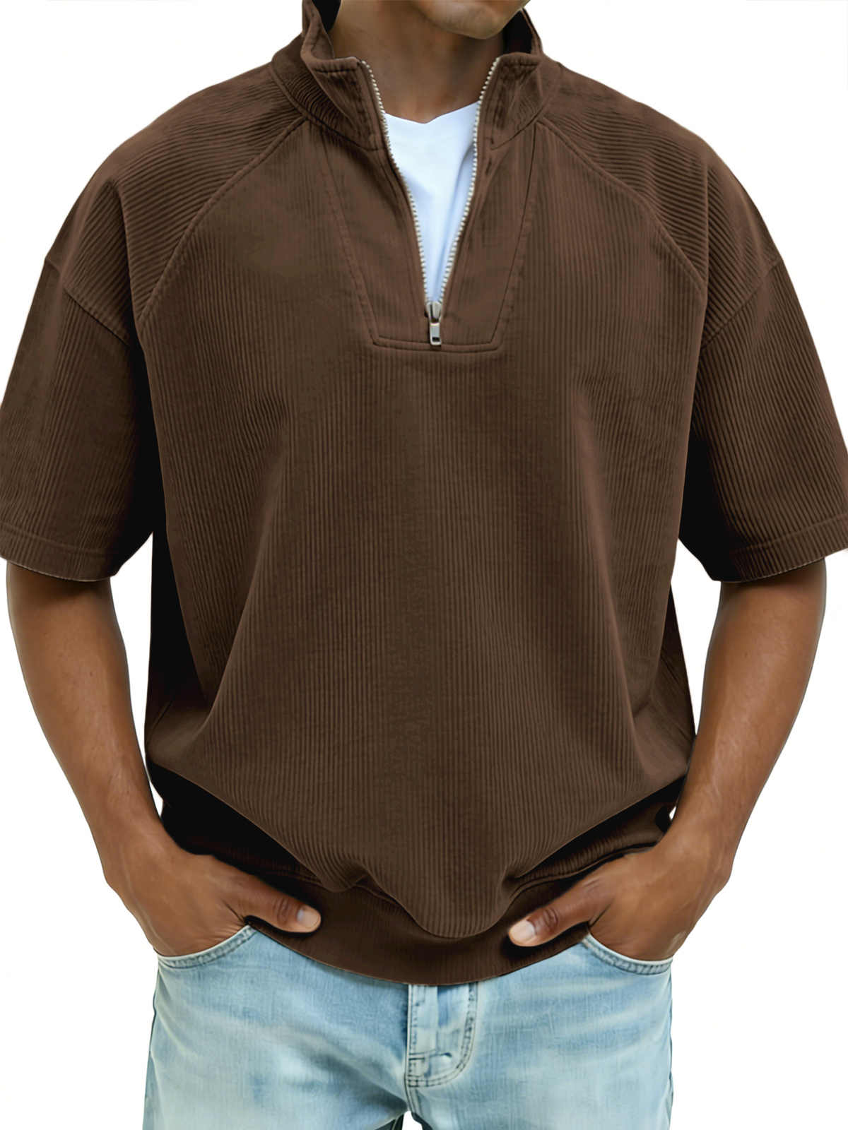 Ribbed Half-zip Patchwork Polo Shirt