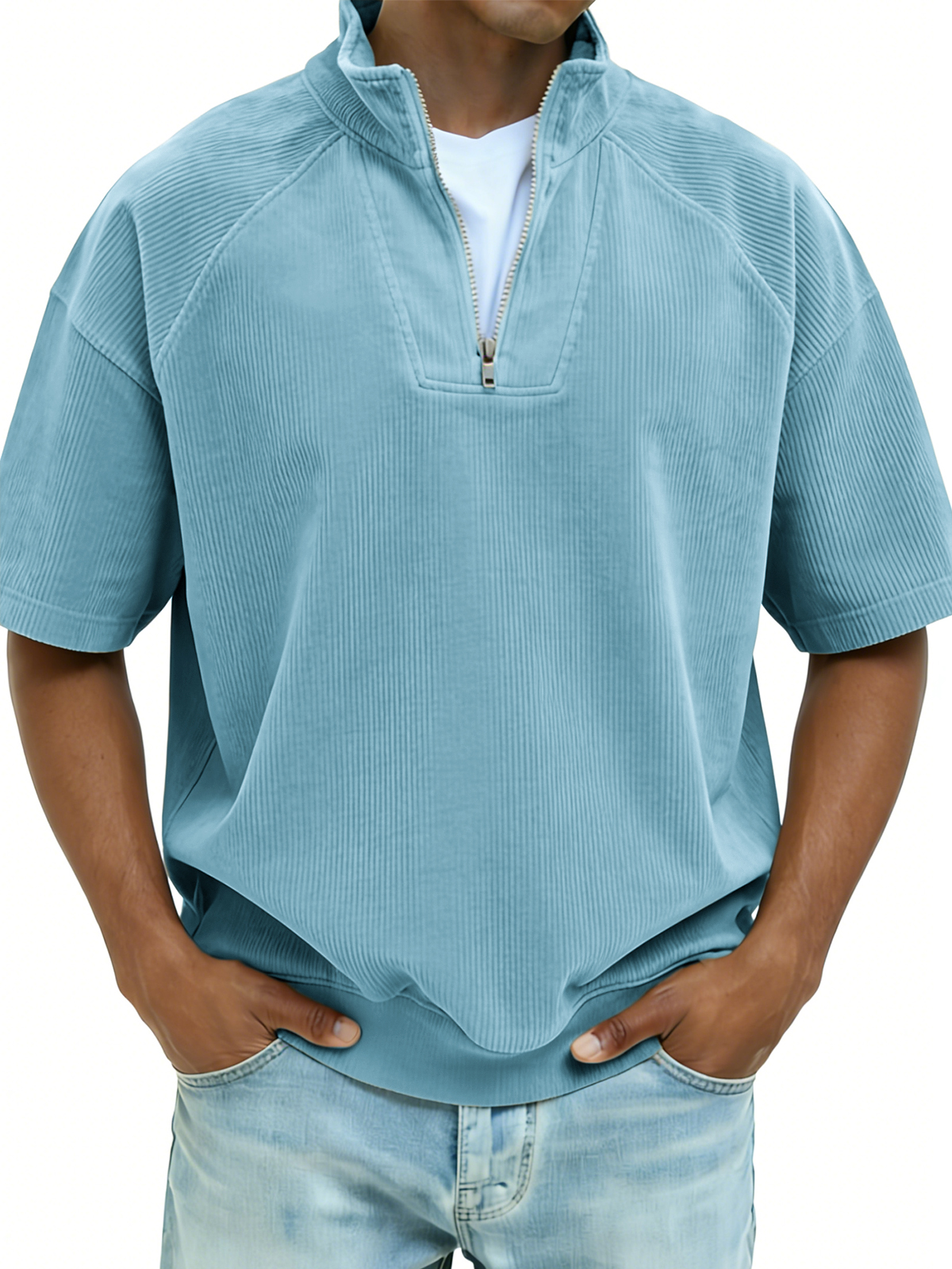 Ribbed Half-zip Patchwork Polo Shirt