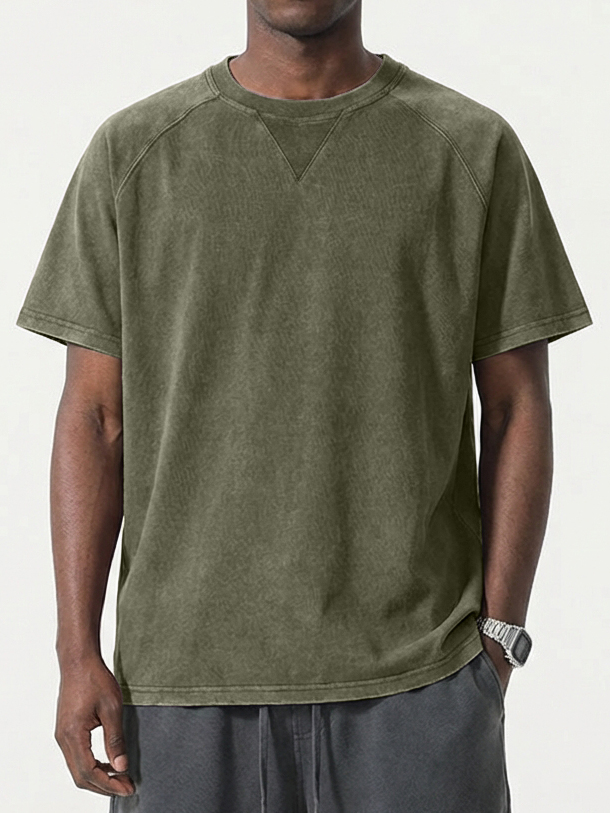 Men's Washed Distressed Triangle Raglan Sleeve Short-Sleeve Crew Neck T-Shirt