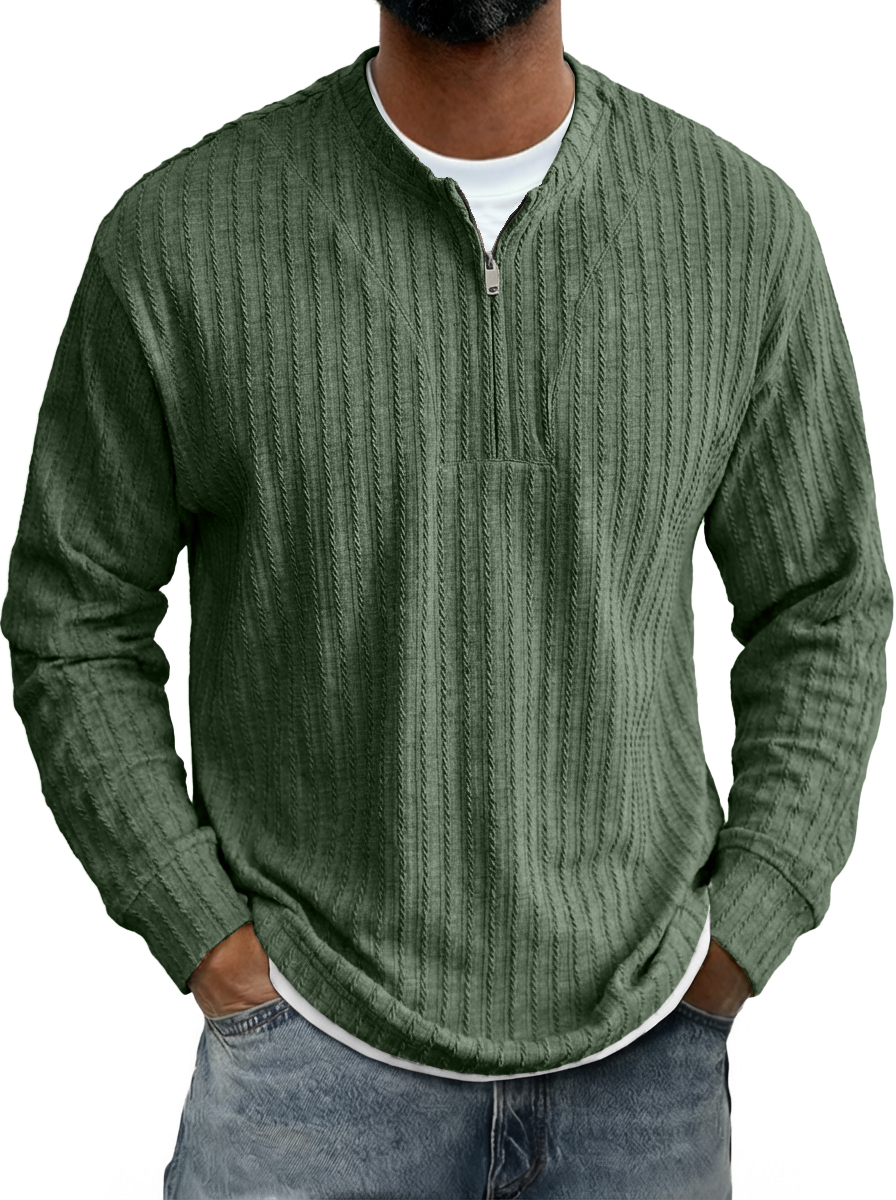 Men's Casual Striped Jacquard Zip-Up Crew Neck Long-Sleeve T-Shirt