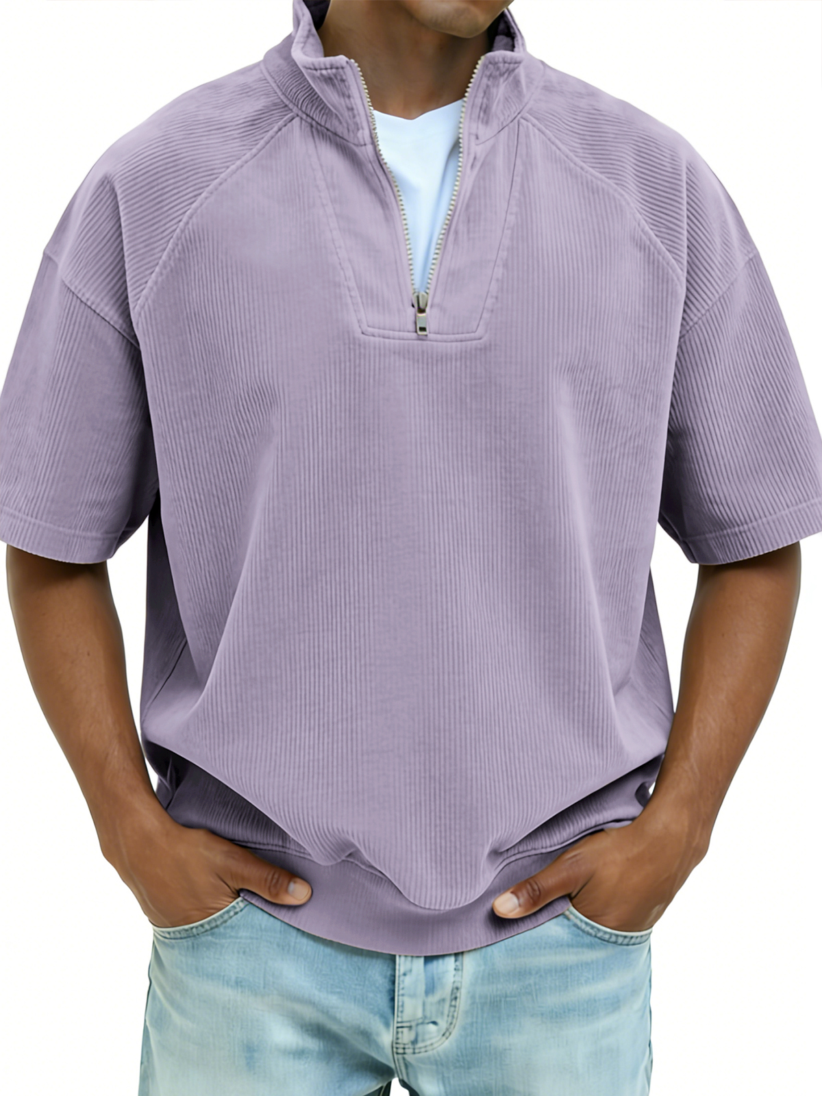 Ribbed Half-zip Patchwork Polo Shirt