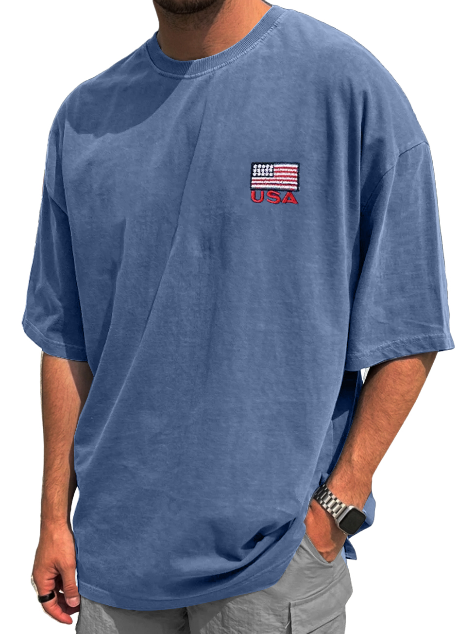 Men's Vintage Washed & Distressed Crew-Neck T-Shirt with "USA" Print