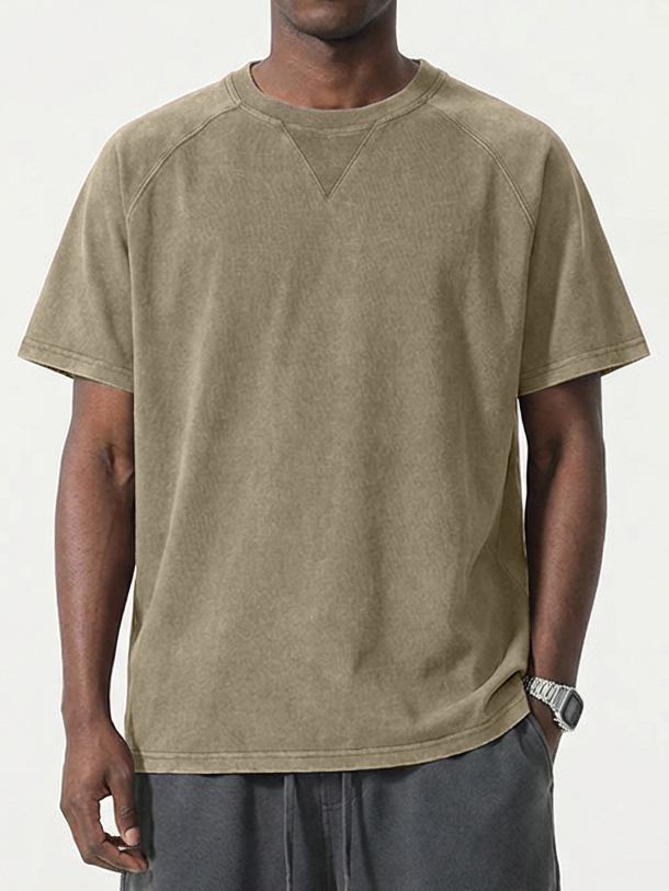 Men's Washed Distressed Triangle Raglan Sleeve Short-Sleeve Crew Neck T-Shirt