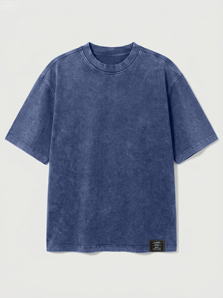 100% Cotton Vintage Casual Washed & Distressed Embroidered Logo Crew Neck Short-Sleeve T-Shirt