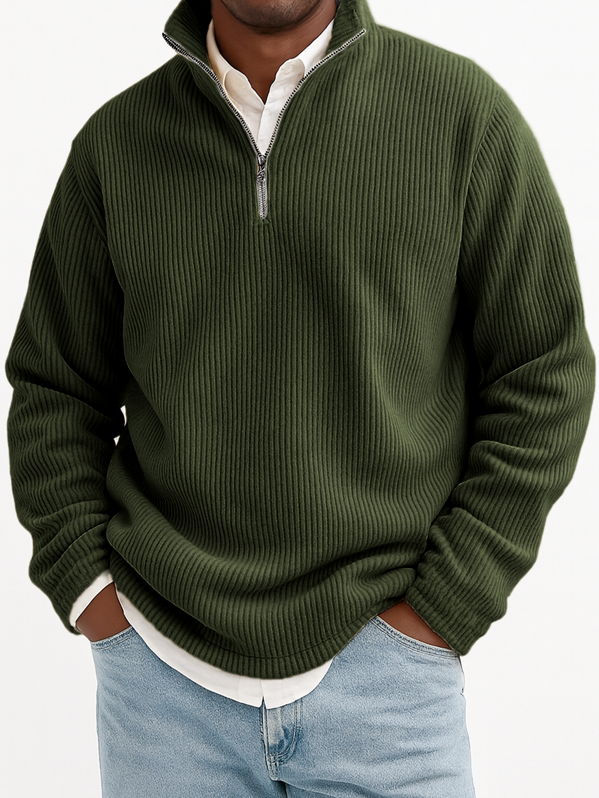 Men's Stylish Quarter-Zip Corduroy Ribbed Polo Sweatshirt