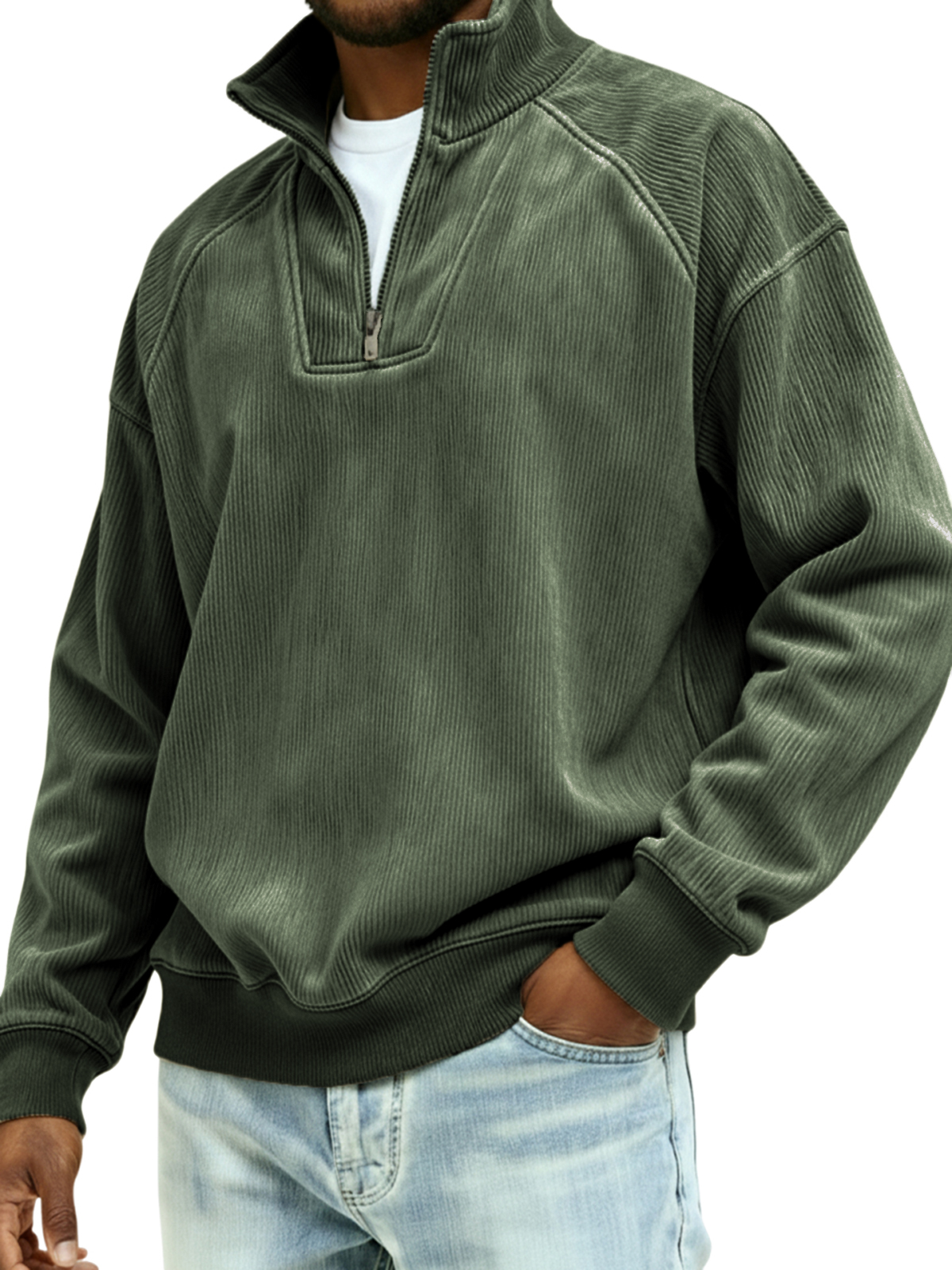 Men's Vintage Corduroy Quarter Zipper Raglan Sleeve Patchwork Pullover