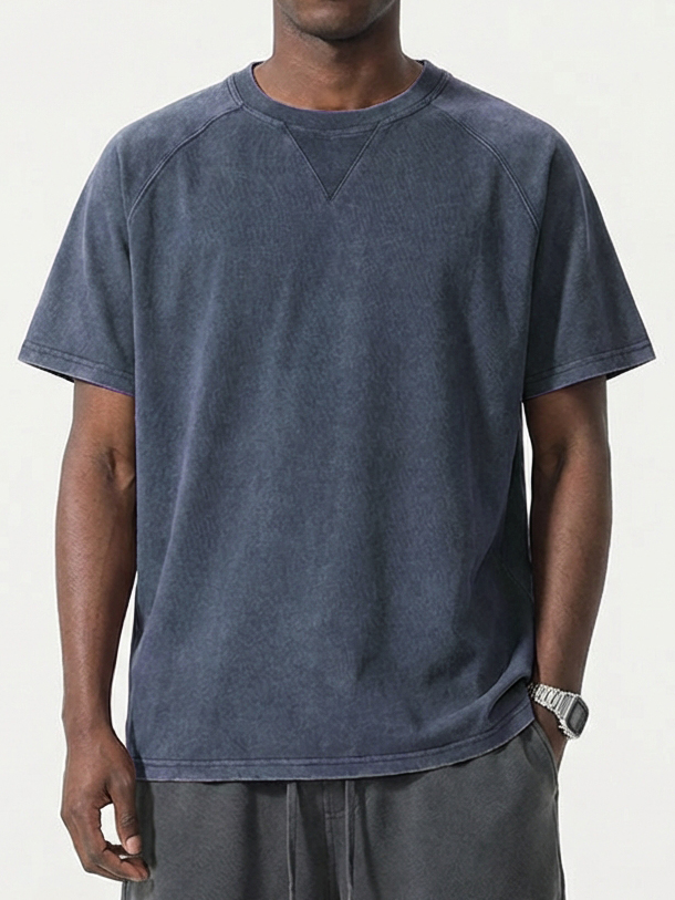 Men's Washed Distressed Triangle Raglan Sleeve Short-Sleeve Crew Neck T-Shirt