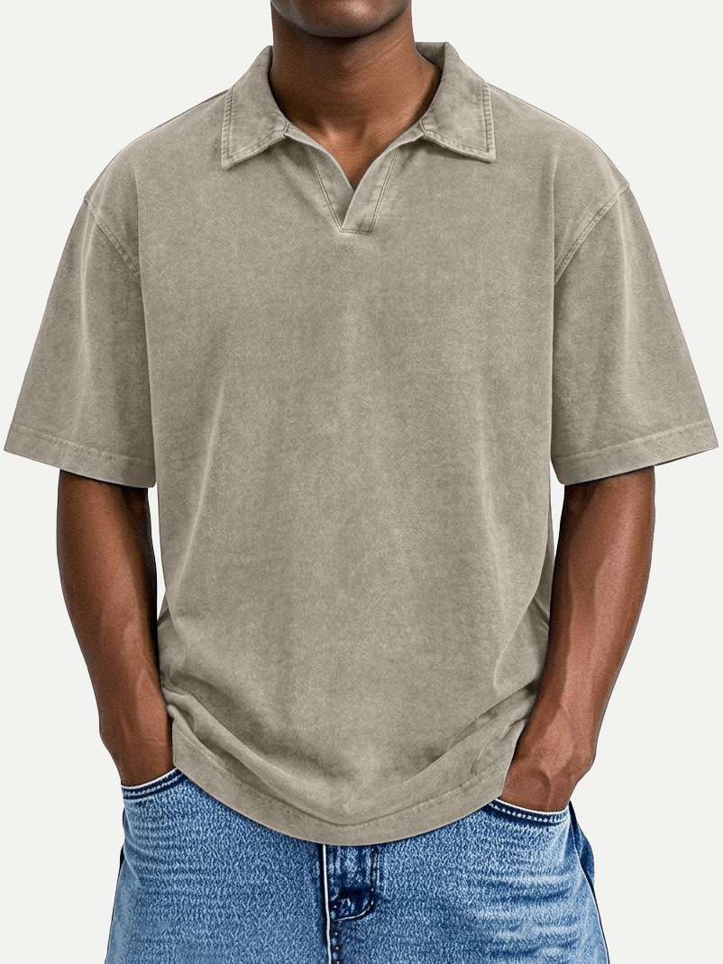 Men's Vintage Distressed Loose-Fit Casual Seagull Collar Short-Sleeve Polo Shirt