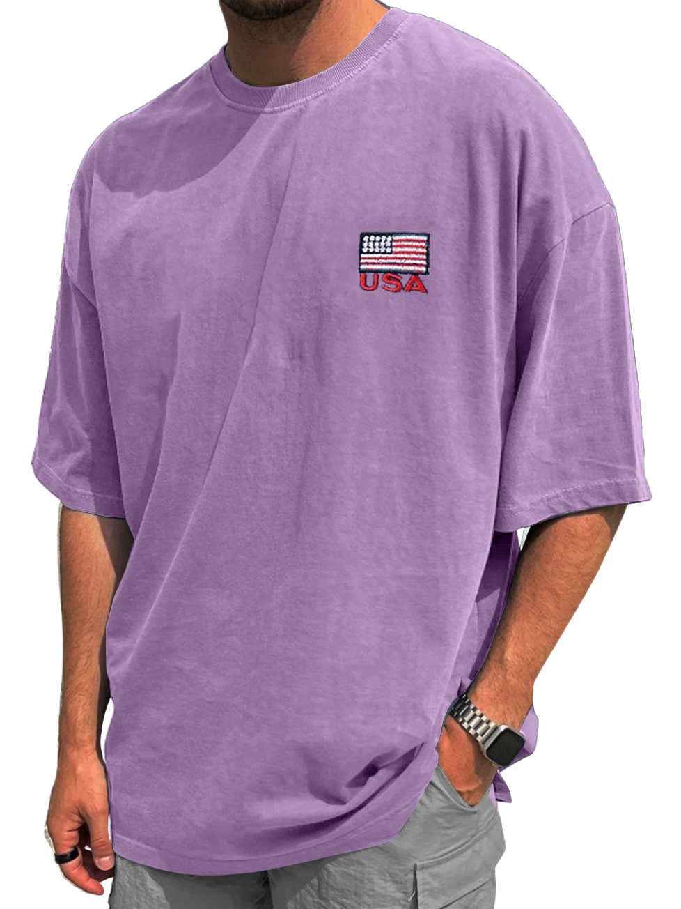 Men's Vintage Washed & Distressed Crew-Neck T-Shirt with "USA" Print