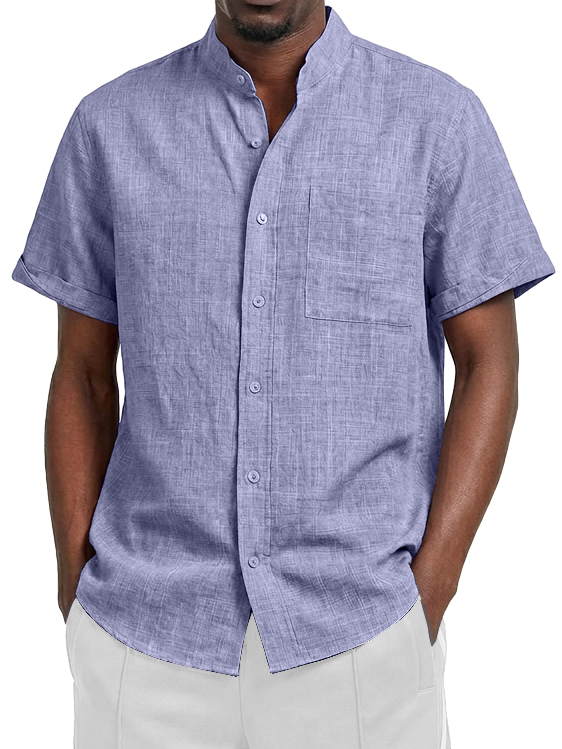 Men's Linen Casual Stand Collar Pocket Short-Sleeve Shirt