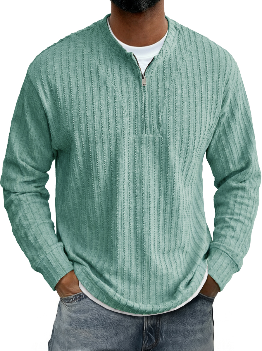 Men's Casual Striped Jacquard Zip-Up Crew Neck Long-Sleeve T-Shirt