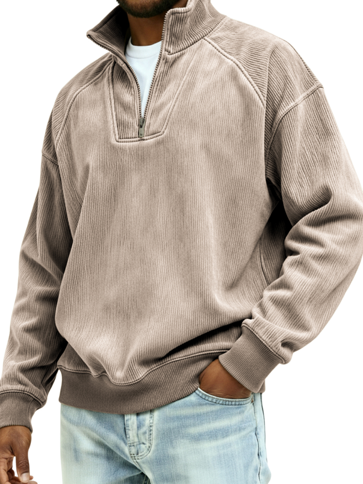 Men's Vintage Corduroy Quarter Zipper Raglan Sleeve Patchwork Pullover