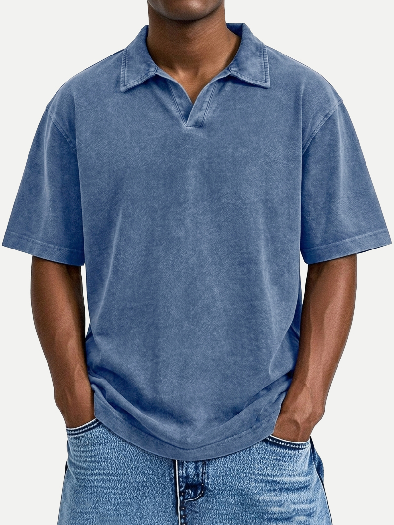 Men's Vintage Distressed Loose-Fit Casual Seagull Collar Short-Sleeve Polo Shirt