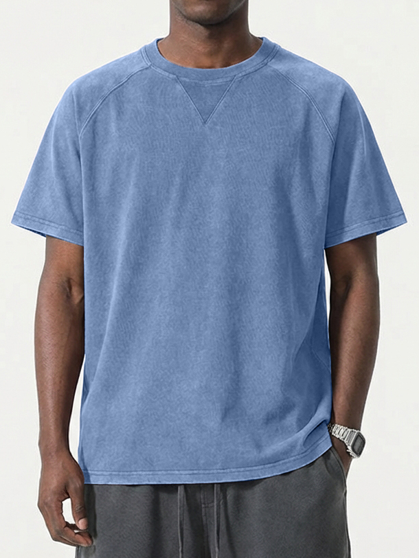 Men's Washed Distressed Triangle Raglan Sleeve Short-Sleeve Crew Neck T-Shirt