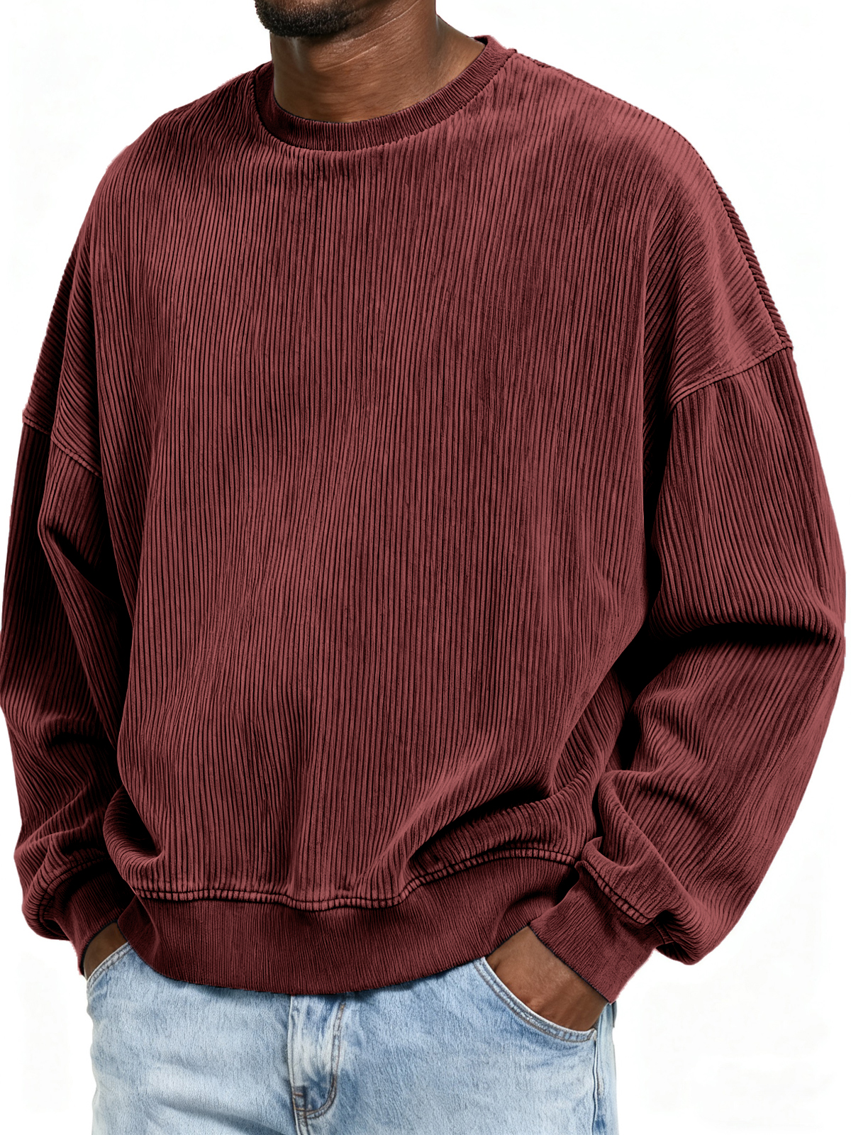 Stylish Ribbed Basic Crew Neck Pullover Sweatshirt