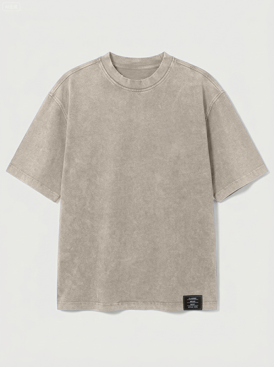 100% Cotton Vintage Casual Washed & Distressed Embroidered Logo Crew Neck Short-Sleeve T-Shirt