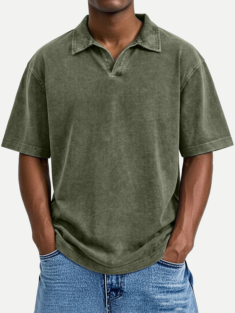 Men's Vintage Distressed Loose-Fit Casual Seagull Collar Short-Sleeve Polo Shirt
