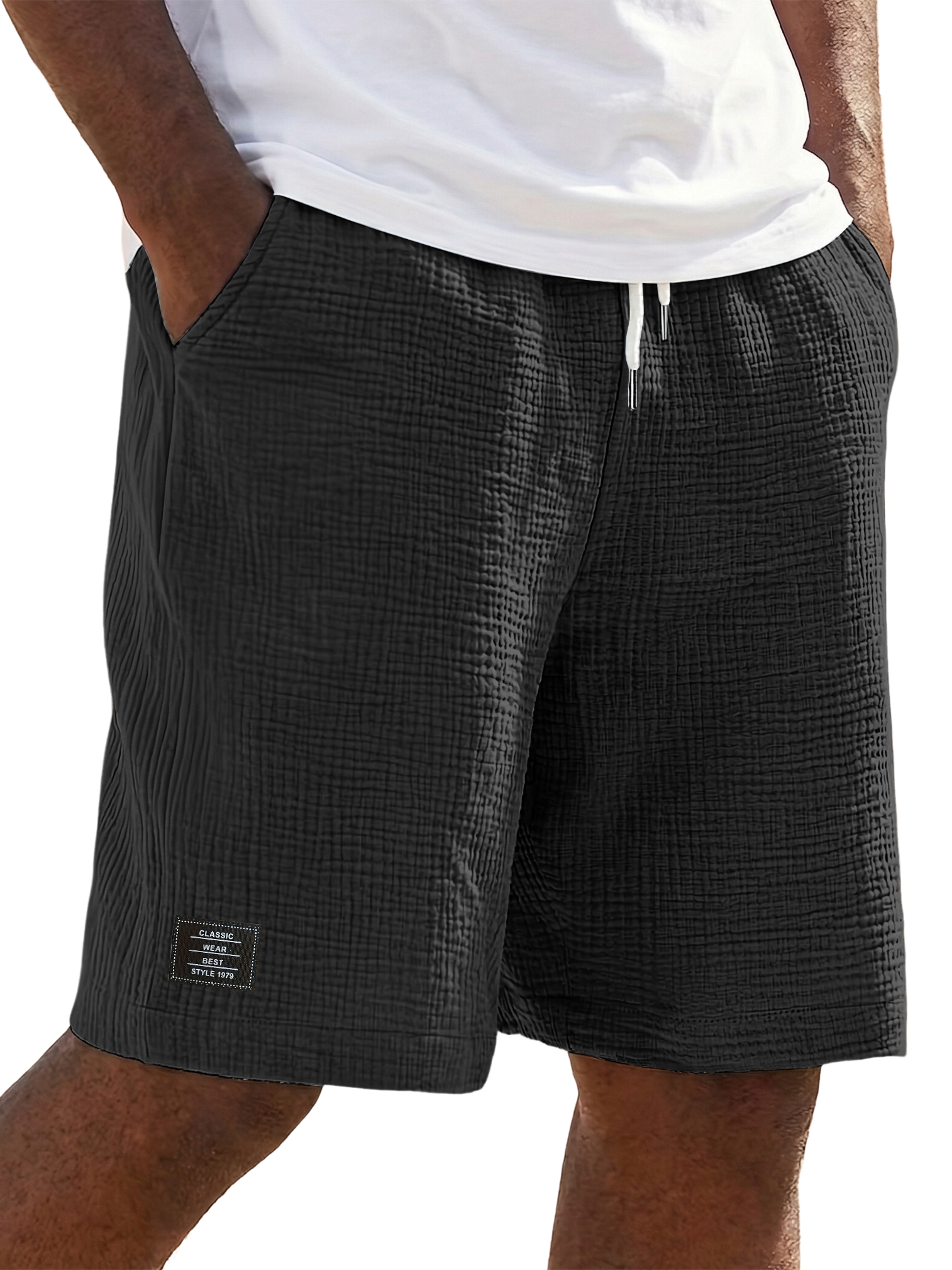 Men's Linen Crinkle Textured Logo Shorts