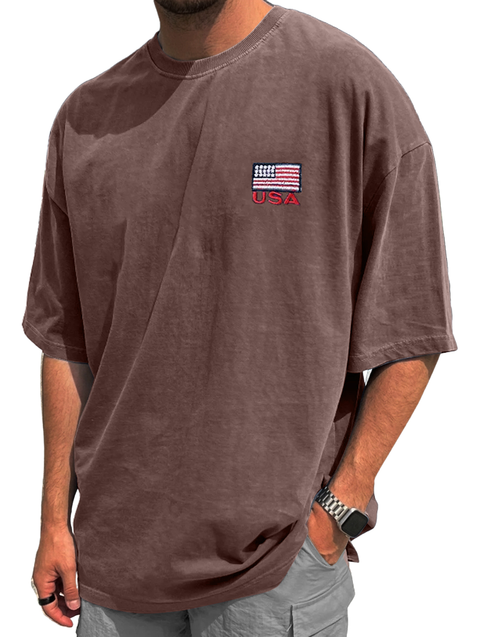 Men's Vintage Washed & Distressed Crew-Neck T-Shirt with "USA" Print