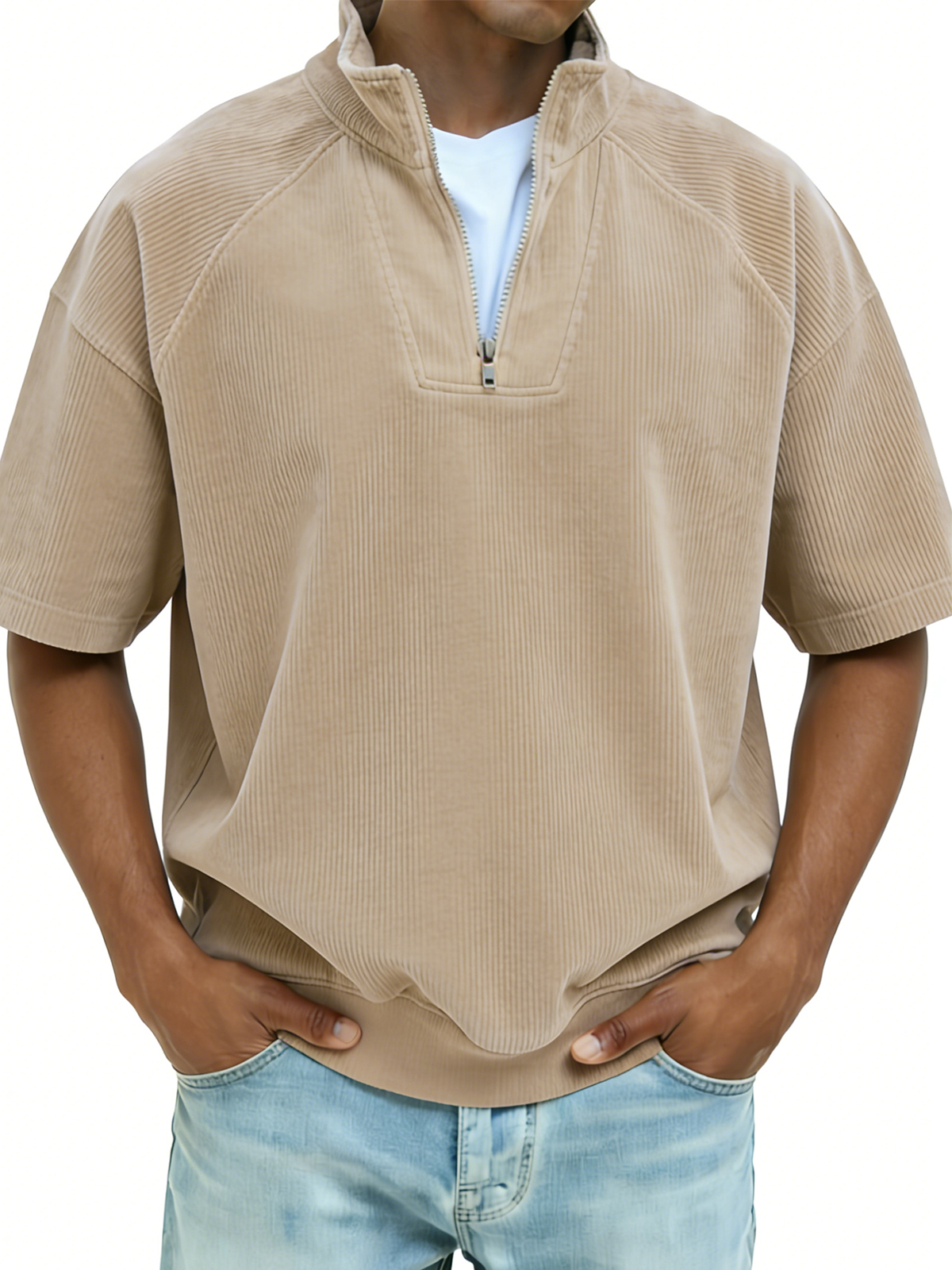 Ribbed Half-zip Patchwork Polo Shirt