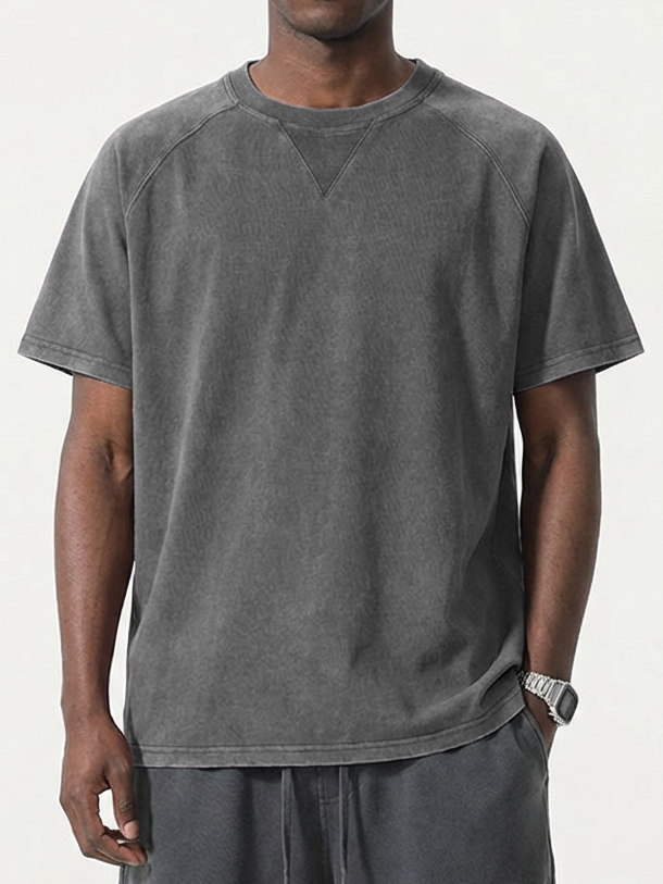 Men's Washed Distressed Triangle Raglan Sleeve Short-Sleeve Crew Neck T-Shirt