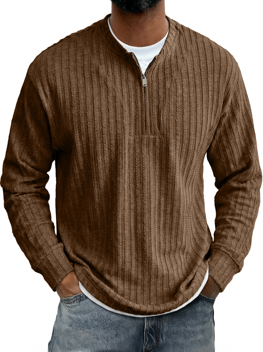 Men's Casual Striped Jacquard Zip-Up Crew Neck Long-Sleeve T-Shirt