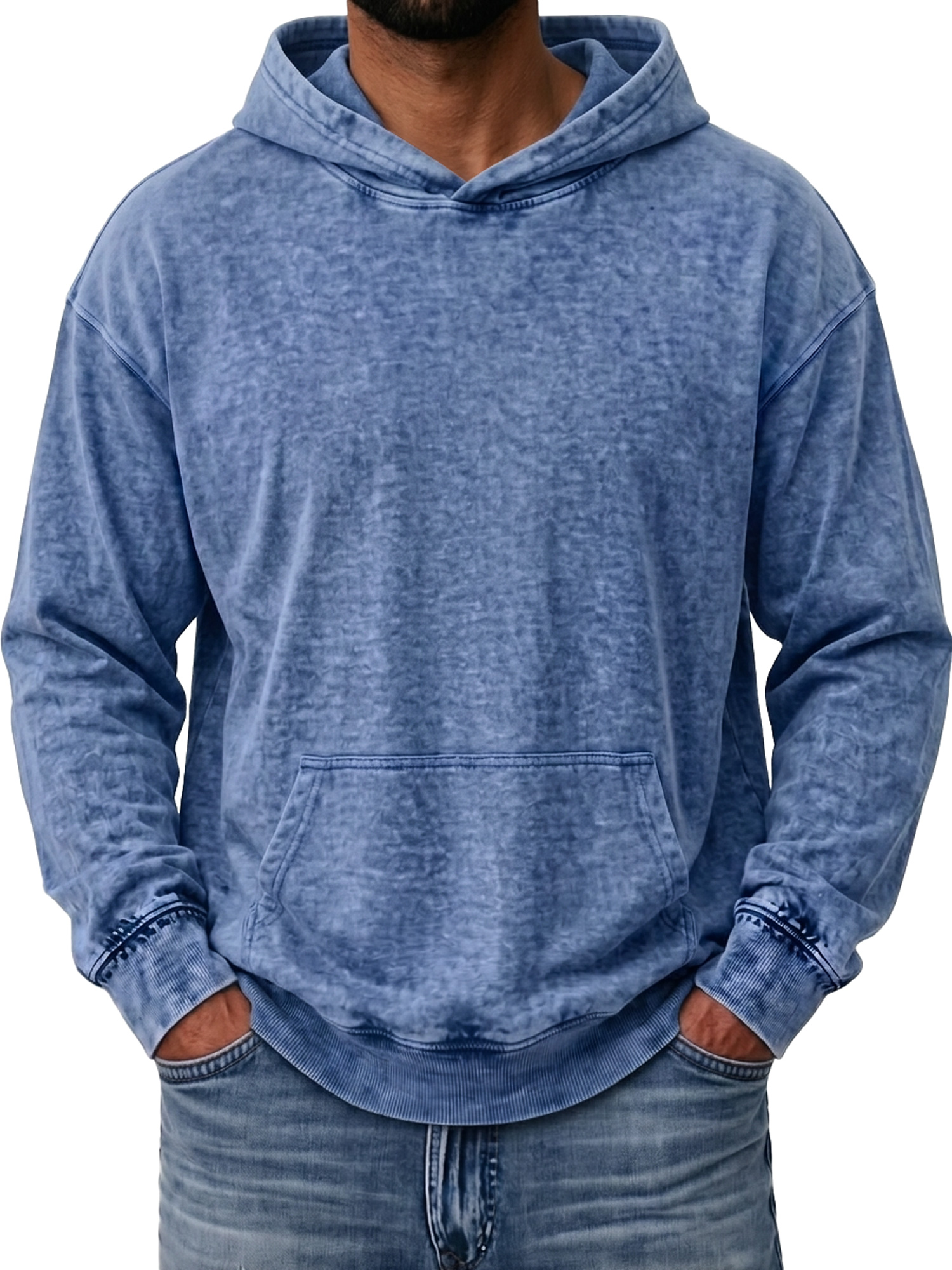 Men's Washed Cotton Hooded Sweatshirt with Pockets and Distressed Finish