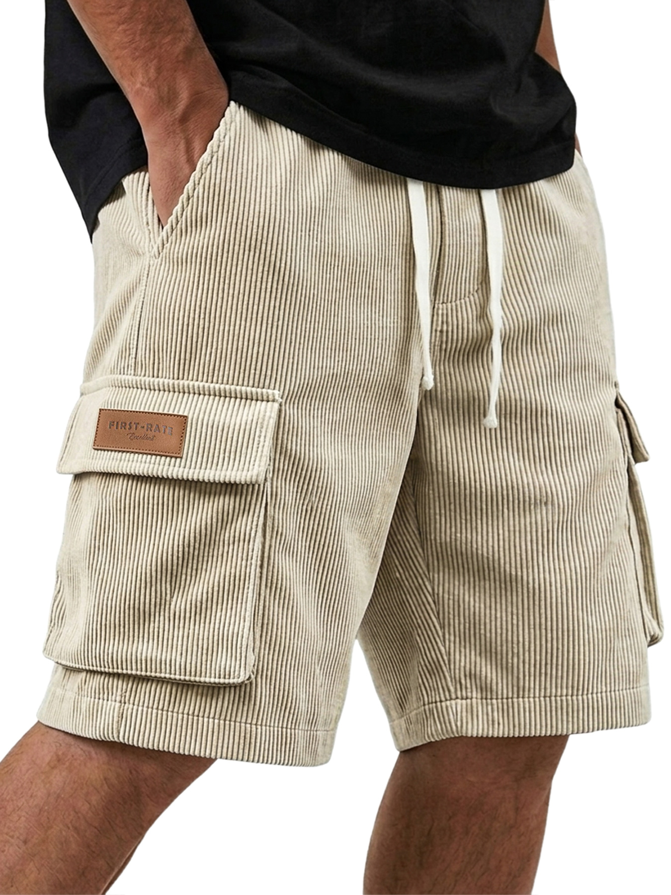 Men's Corduroy Multi-Pocket Embroidered Tag Casual Shorts