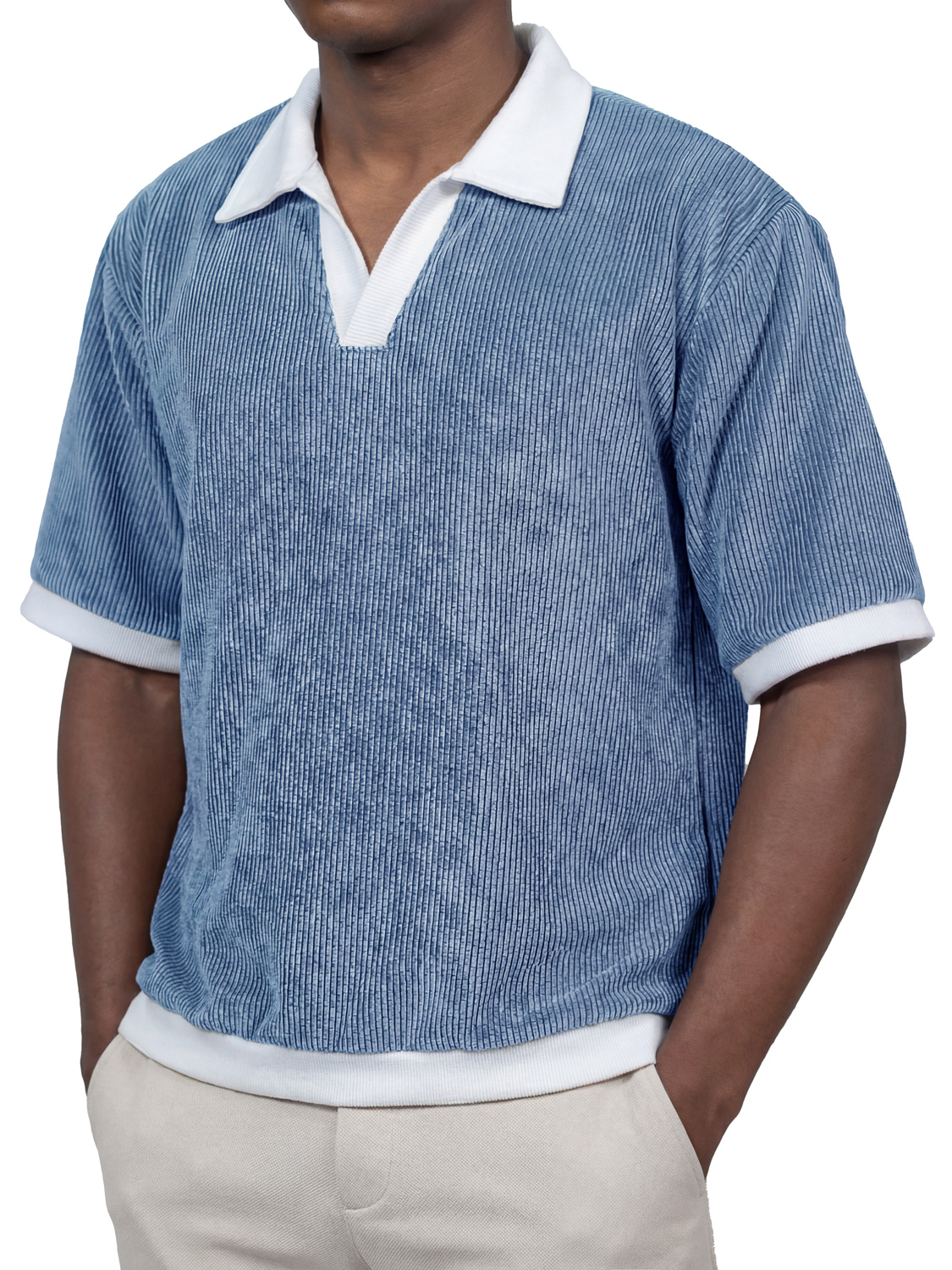 Men's Everyday Color-blocked Corduroy Casual Short-sleeved Polo Shirt