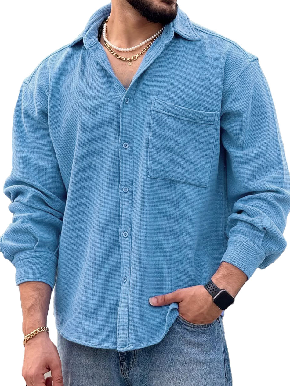 Men's Fashionable Casual Long-Sleeved Shirt with Turn-Down Collar and Pockets