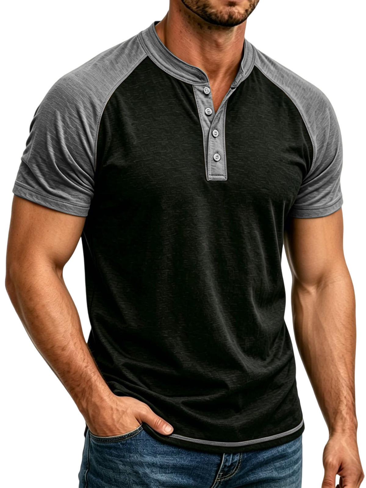 Men's Fashionable Casual Versatile Color-blocked Raglan Sleeve Henley Shirt