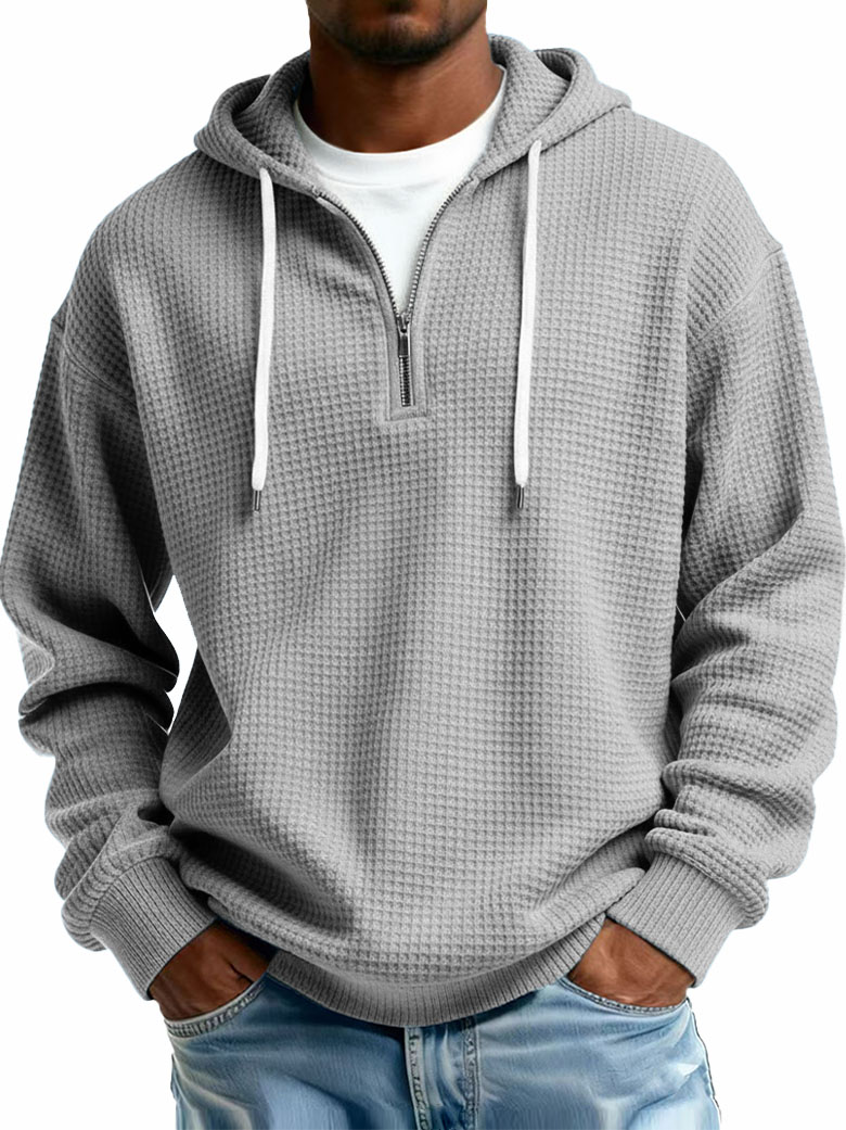 Men's Stylish Casual Waffle Fabric Half-zip Hooded Sweatshirt 