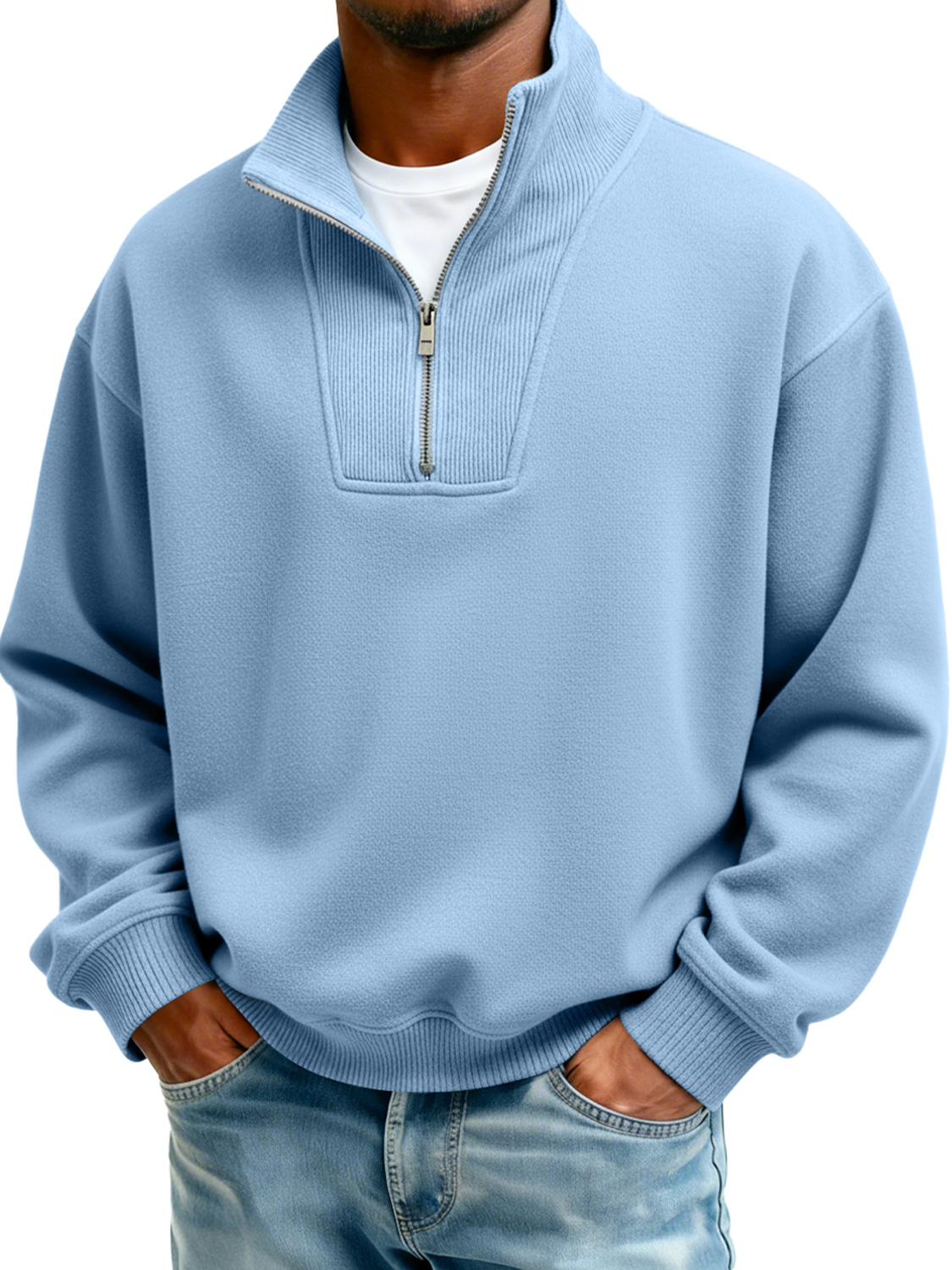 Men's Stand Collar Zipper Ribbed Panel Casual Long-Sleeve Sweatshirt