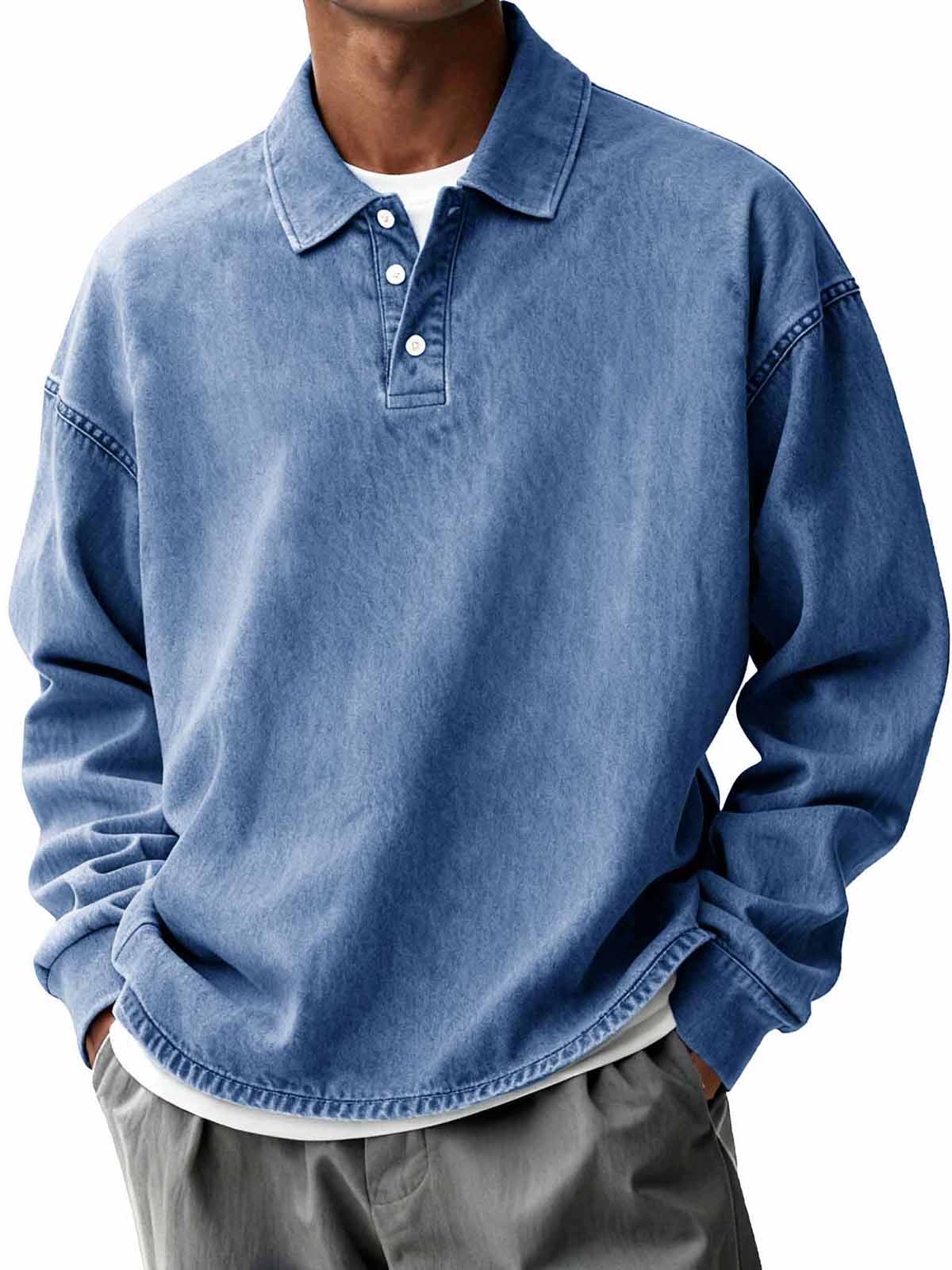 Men's Retro Distressed Fashion Turn-Down Collar Long-Sleeve Loose Polo Shirt