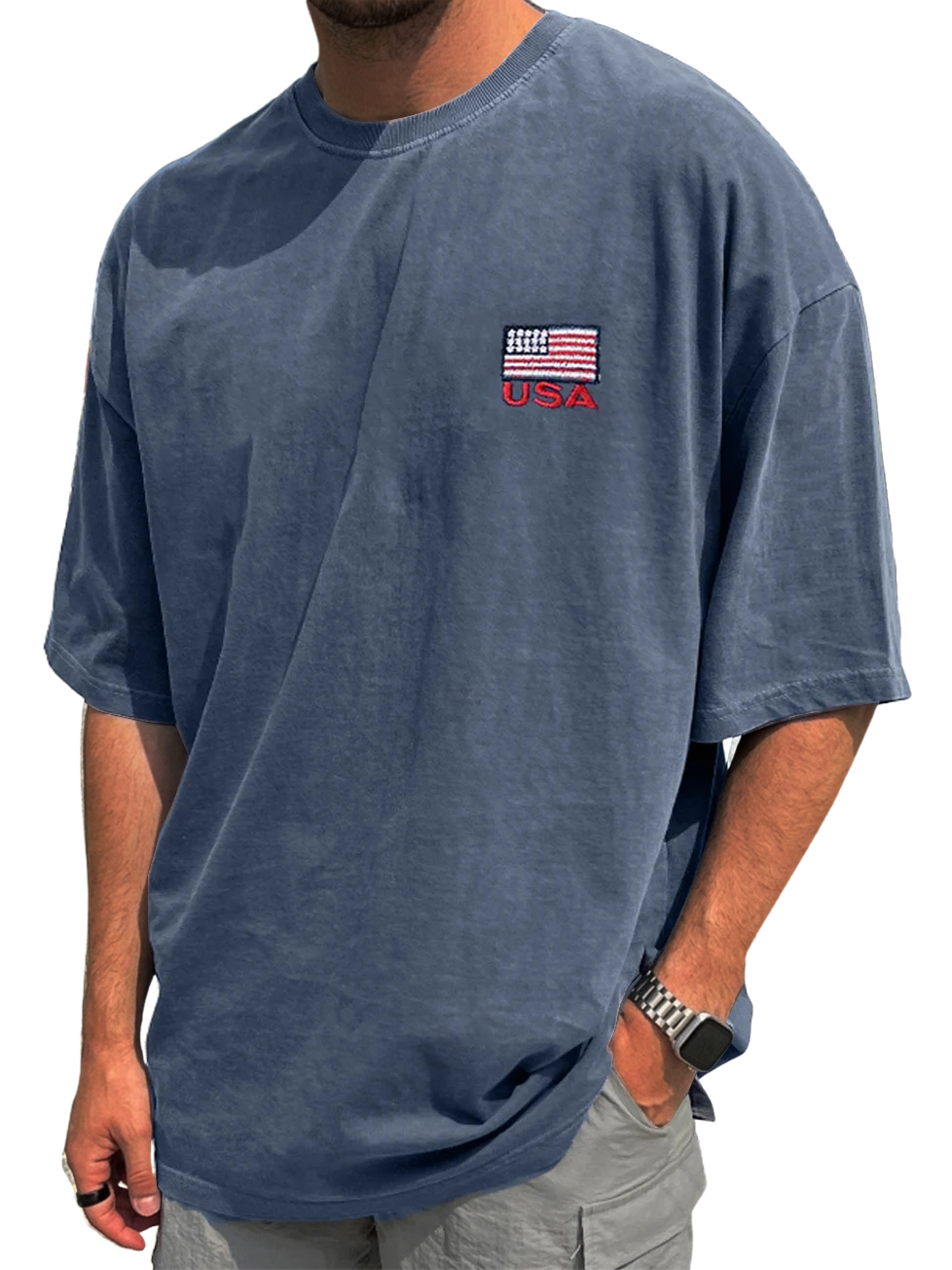 Men's Vintage Washed & Distressed Crew-Neck T-Shirt with "USA" Print