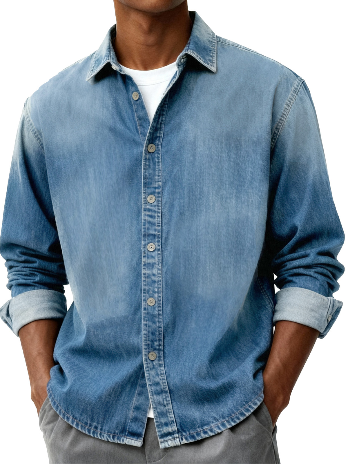 Men's Fashion Retro Distressed Pocket Collar Long-Sleeve Shirt