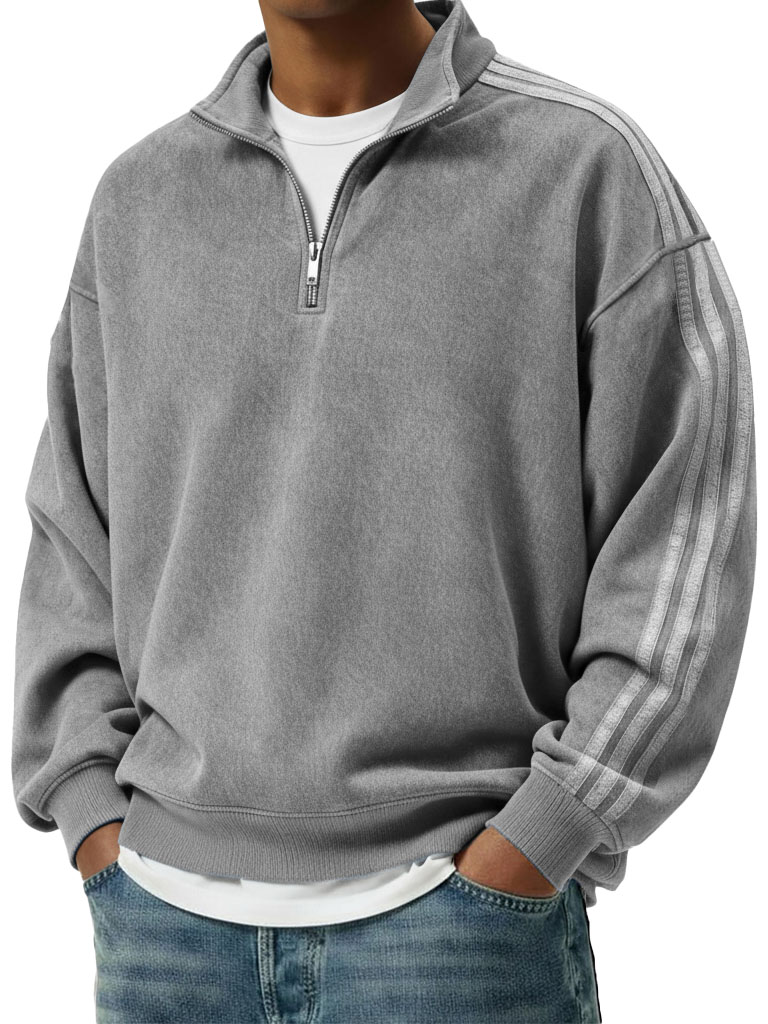 Men's Retro Fashion Distressed Striped Patchwork Stand Collar Long-Sleeve Sweatshirt