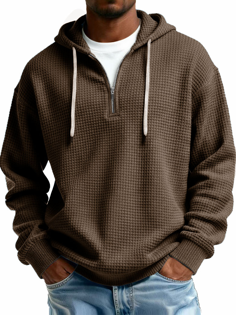 Men's Stylish Casual Waffle Fabric Half-zip Hooded Sweatshirt 