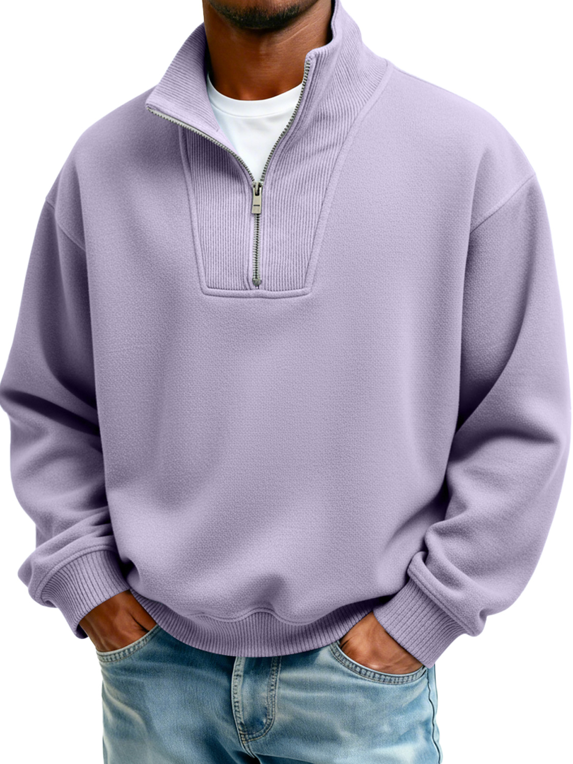 Men's Stand Collar Zipper Ribbed Panel Casual Long-Sleeve Sweatshirt