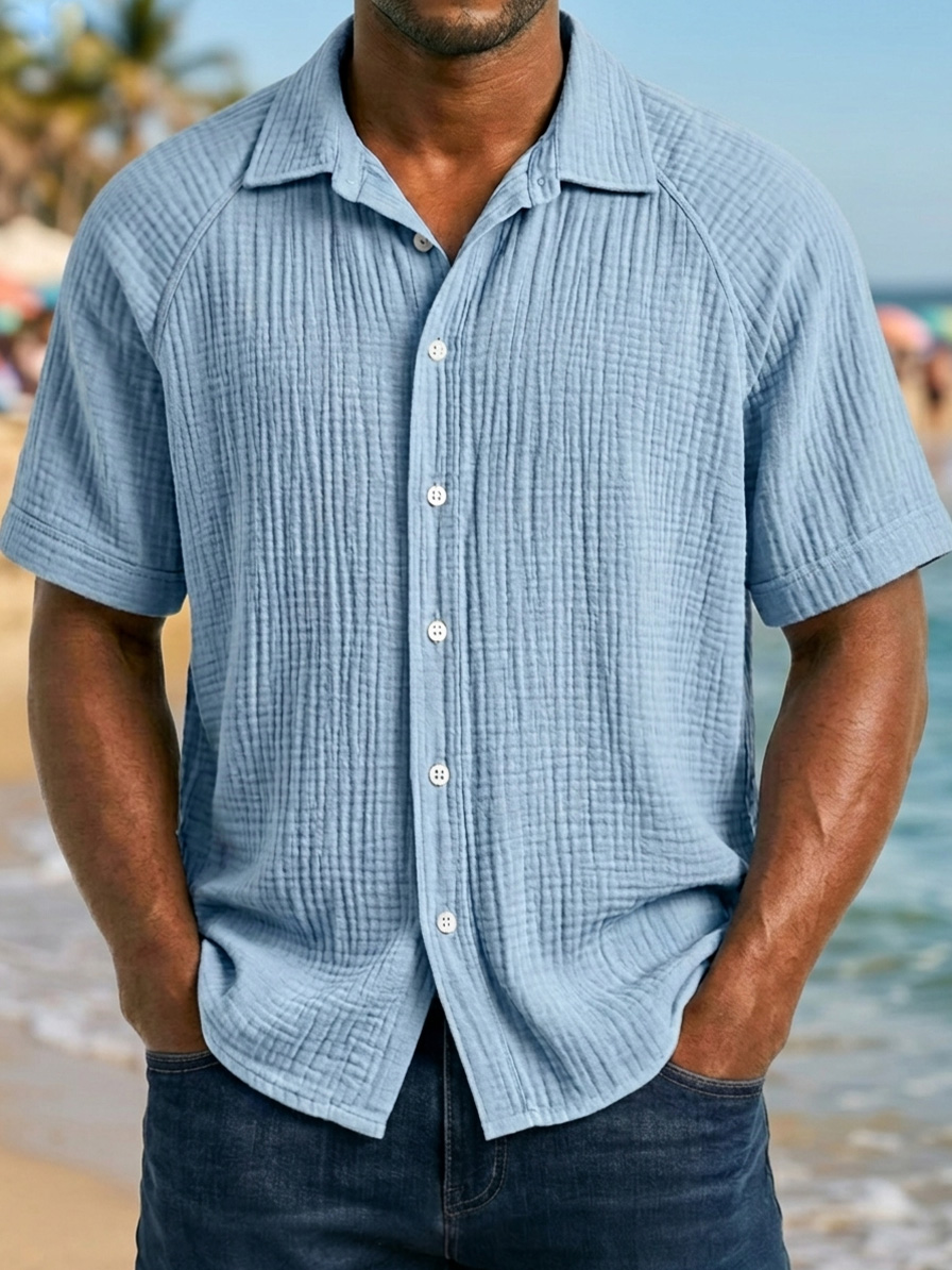 Men's Casual Raglan Solid Color Comfortable Short-Sleeve Shirt