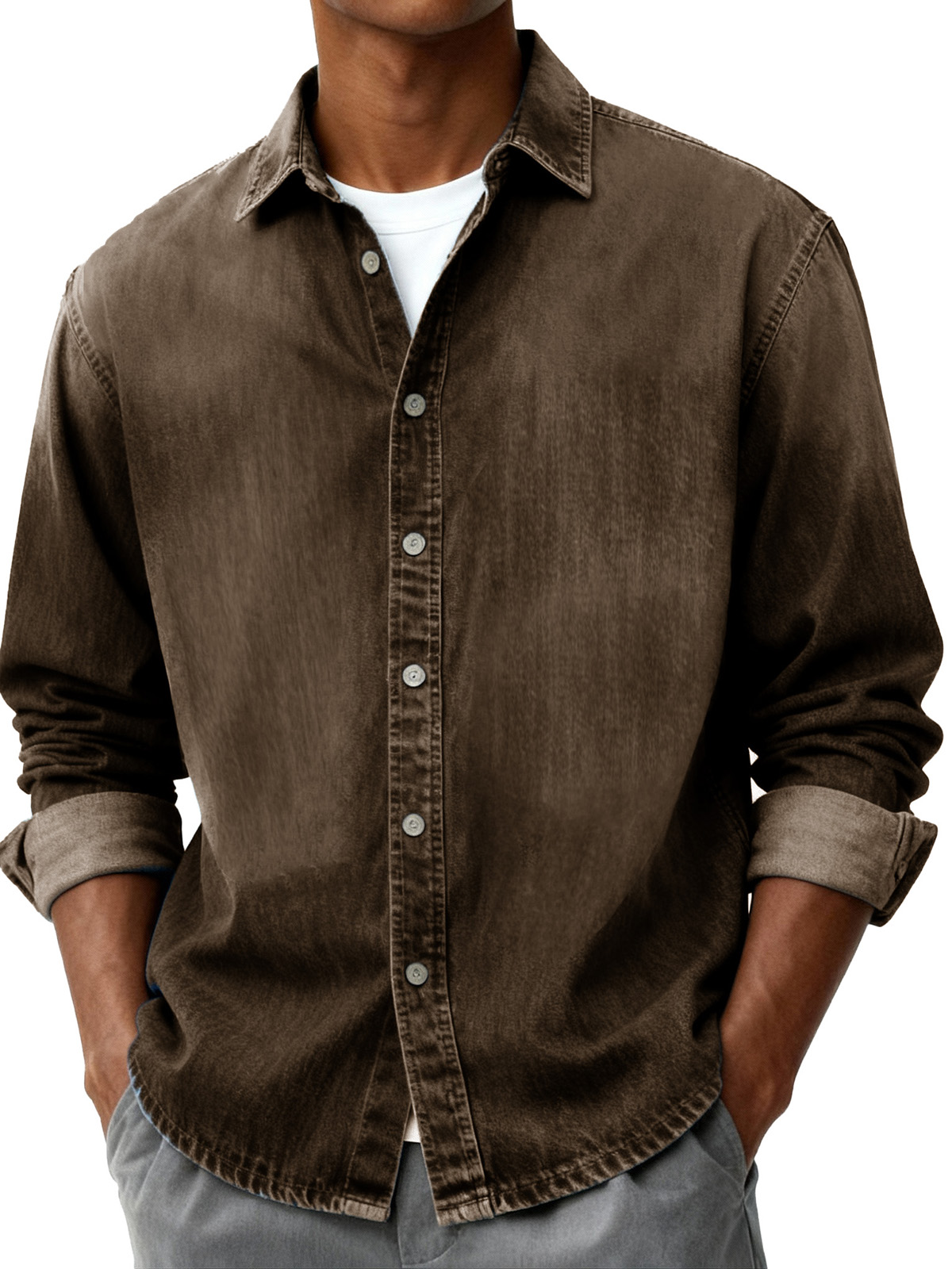 Men's Fashion Retro Distressed Pocket Collar Long-Sleeve Shirt
