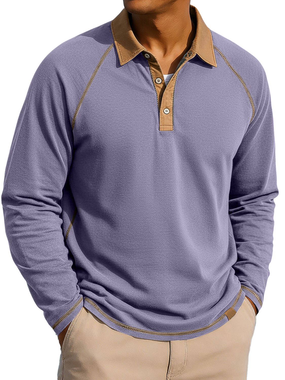 Men's Lapel Button-up Color-block Raglan Sleeve Casual Long-sleeved Polo Shirt
