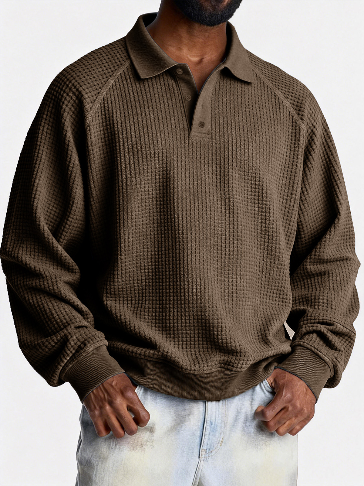 Men's Fashionable Casual Waffle Fabric Raglan Loose-Fit Collar Polo Shirt