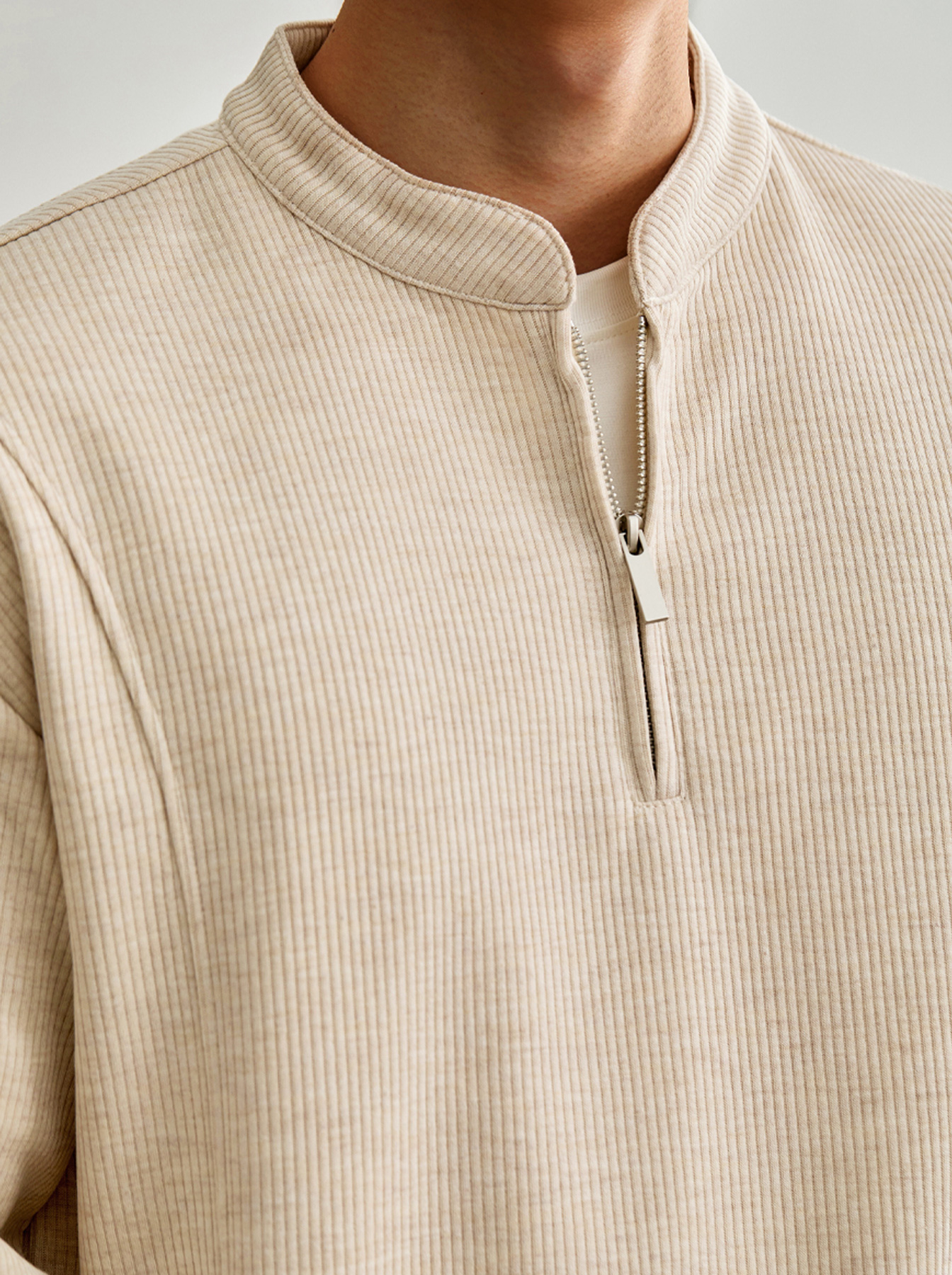 Men's Autumn Ribbed Stand-Collar Zip-Front Casual Long-Sleeve T-Shirt