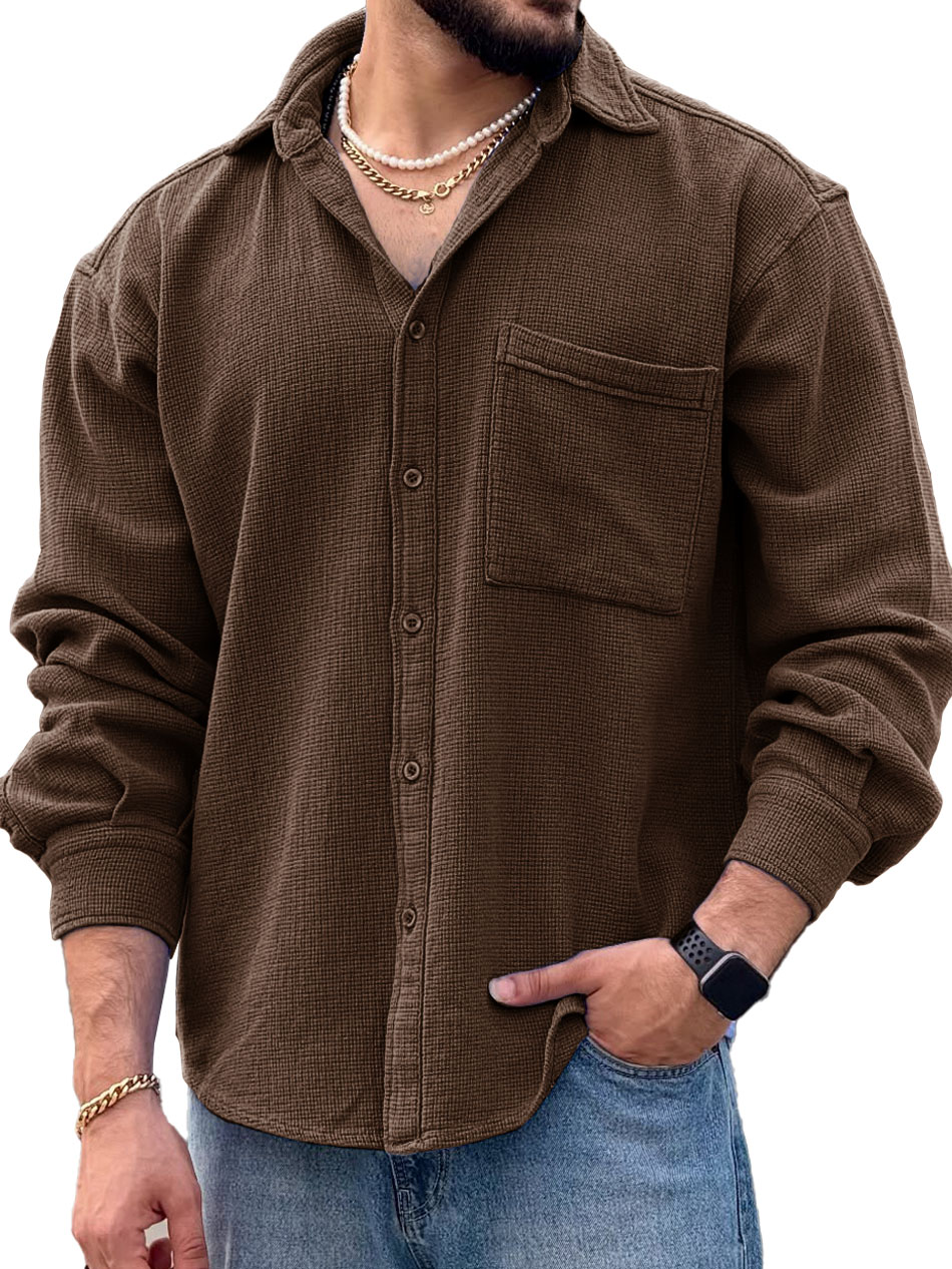 Men's Fashionable Casual Long-Sleeved Shirt with Turn-Down Collar and Pockets