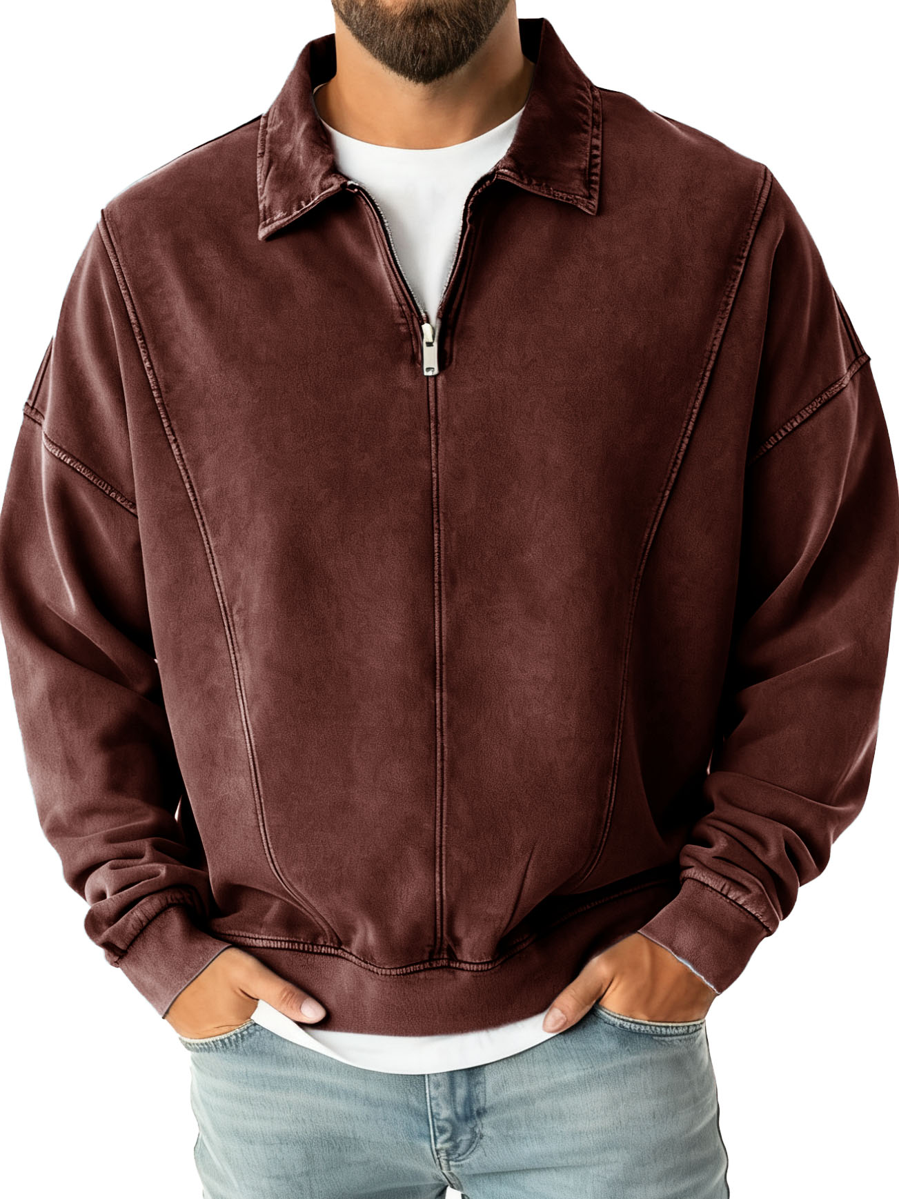 Men's Fashion Casual Stitching Lapel Zippered Polo Shirt