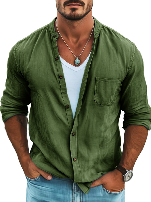 Men's Fashionable Daily Casual Standing Collar Pocket Loose Long-sleeved Shirt